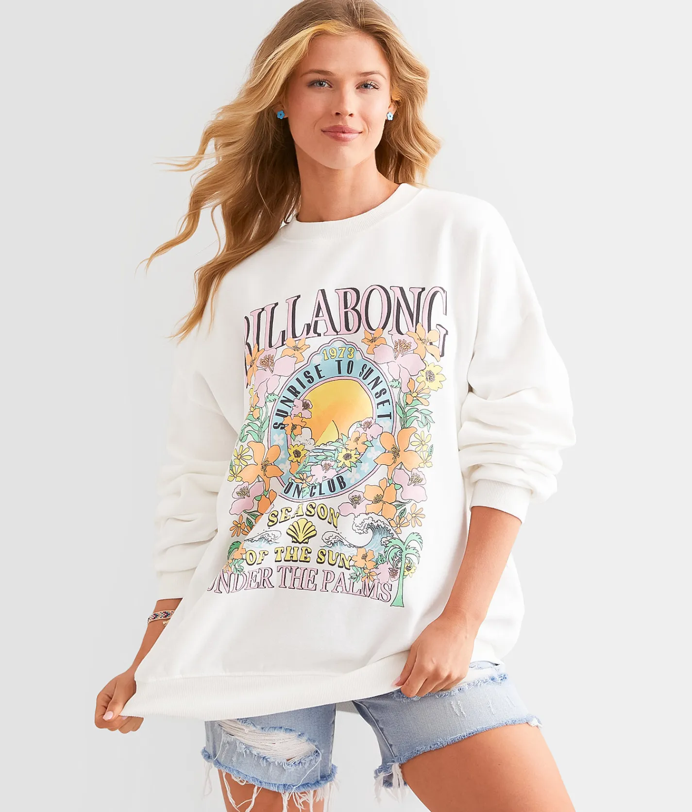 Tops | Billabong Ride In Graphic Oversized Pullover White Cap 2