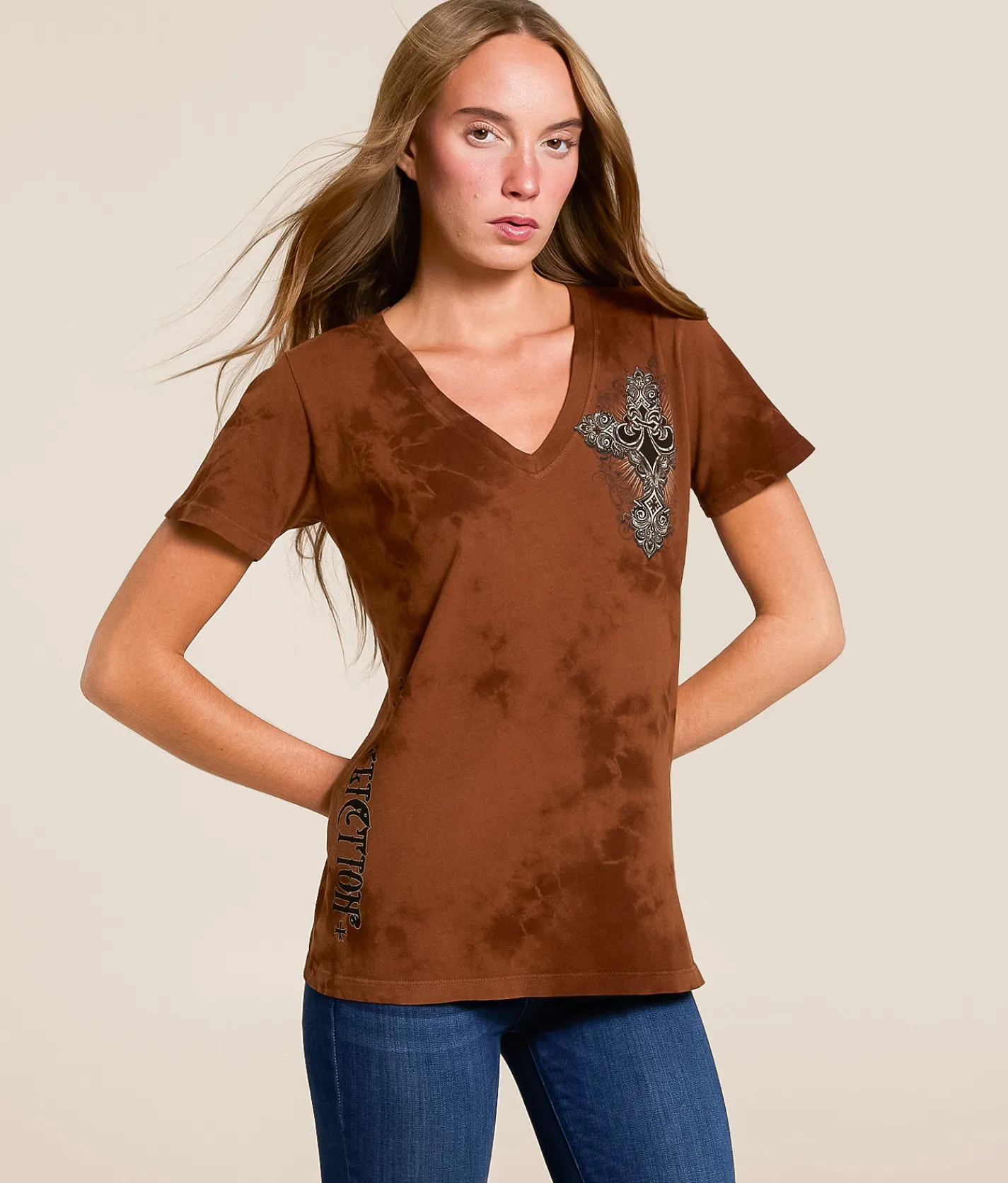 Tops | Affliction Rite Of Virtue T-Shirt Caramel Cafe Crystal Wash