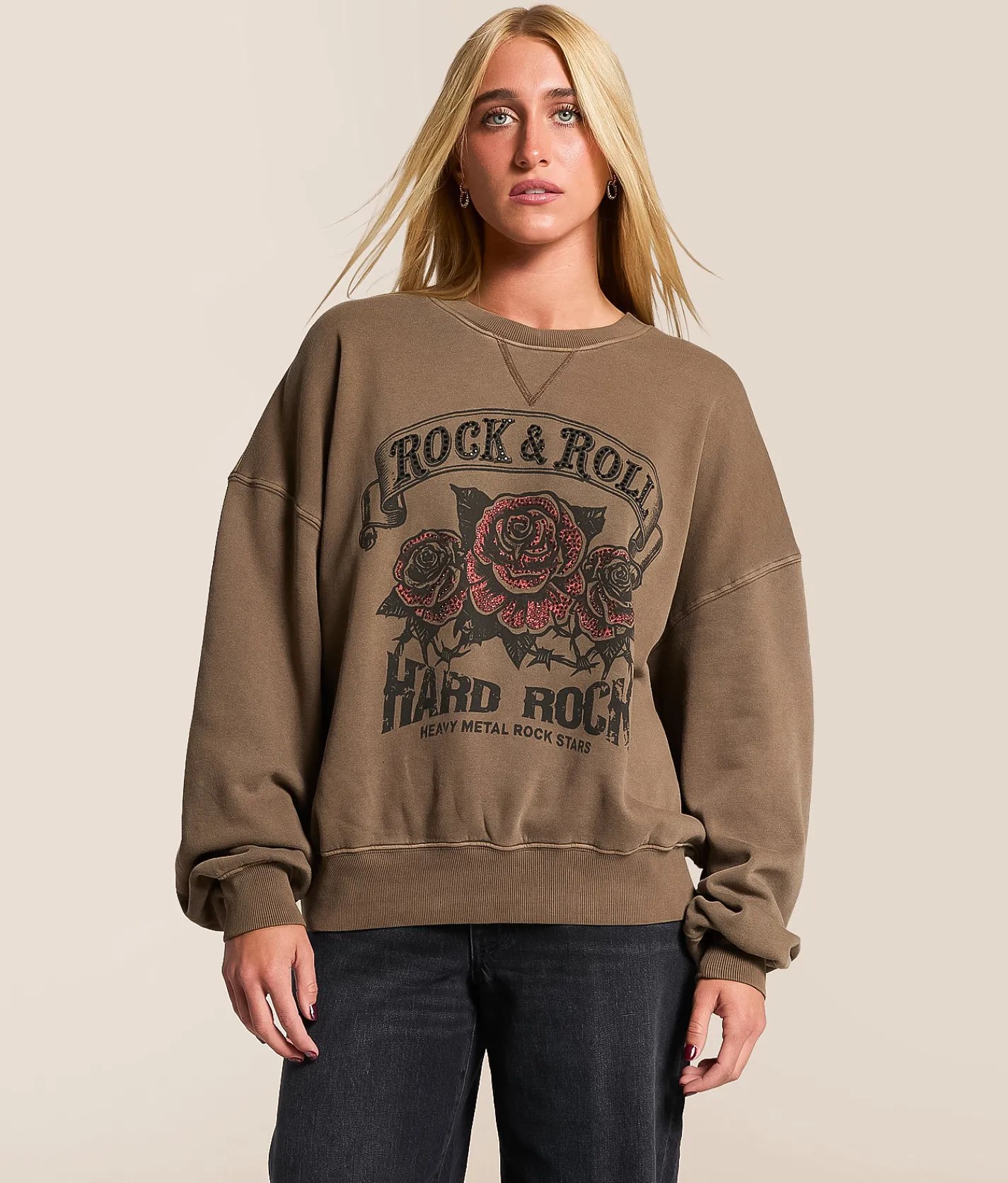 Tops | Modish Rebel Rock & Roll Hard Rock Oversized Pullover Washed Brown