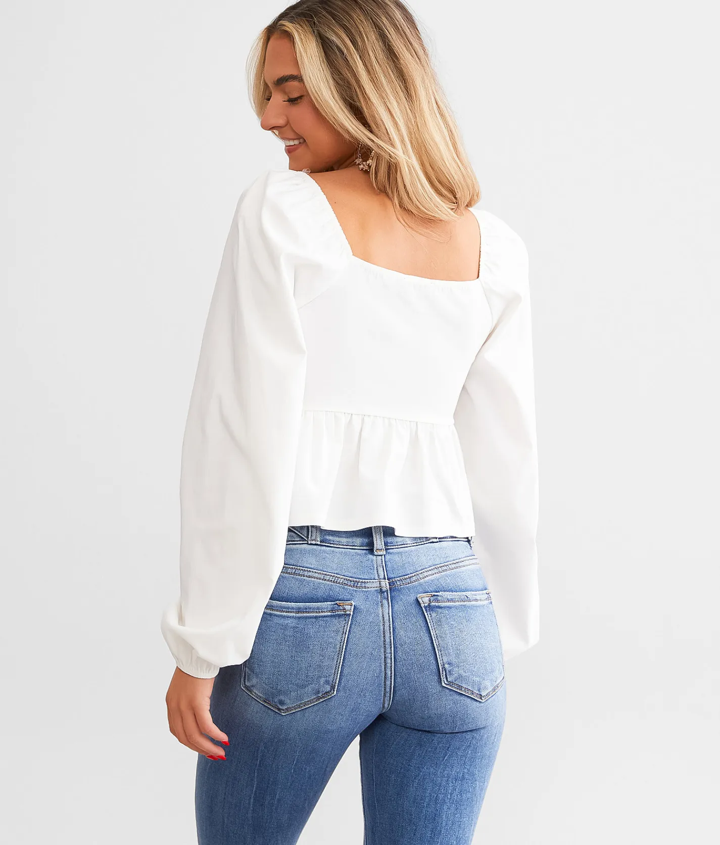Blue Blush Rosette Cropped Peplum Top White Hot