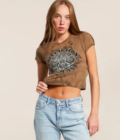 Affliction Royale Baby Cropped T-Shirt Taupe New
