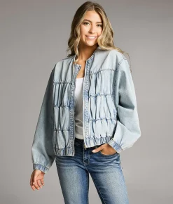 BKE Ruched Denim Bomber Jacket Light Wash Hot