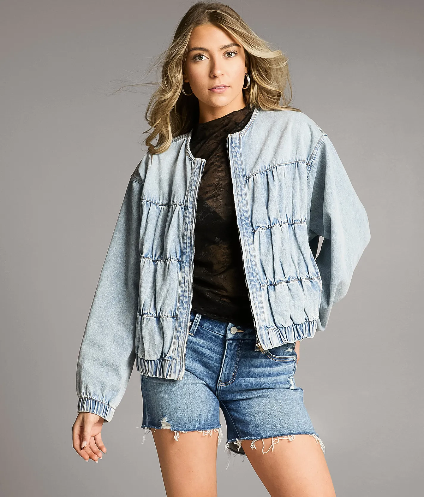 Tops | BKE Ruched Denim Bomber Jacket Light Wash