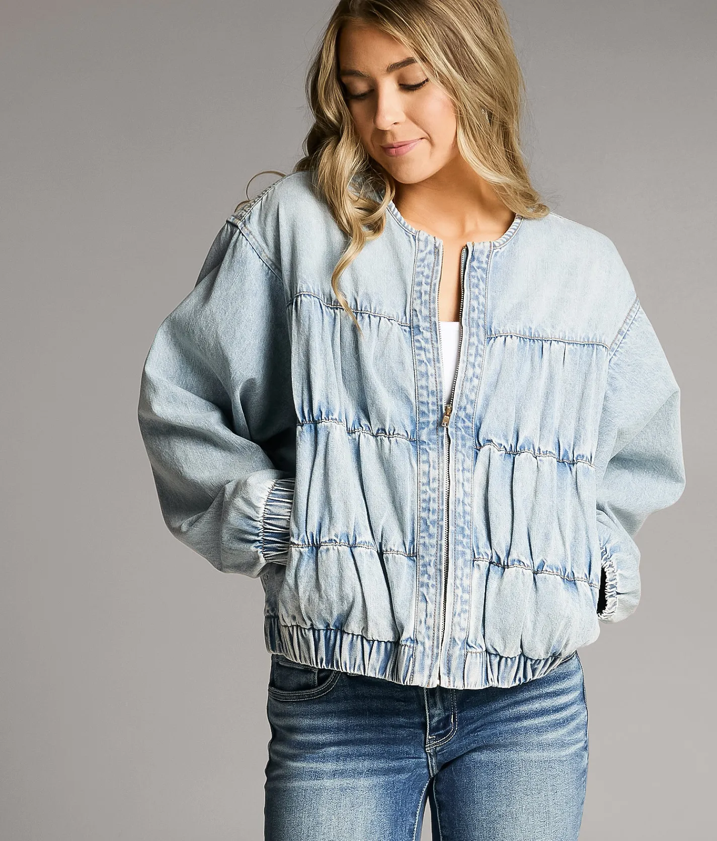 Tops | BKE Ruched Denim Bomber Jacket Light Wash