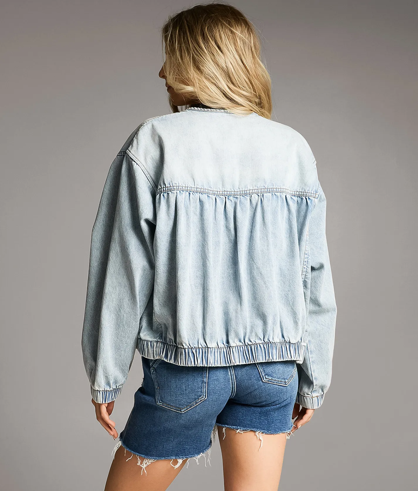Tops | BKE Ruched Denim Bomber Jacket Light Wash