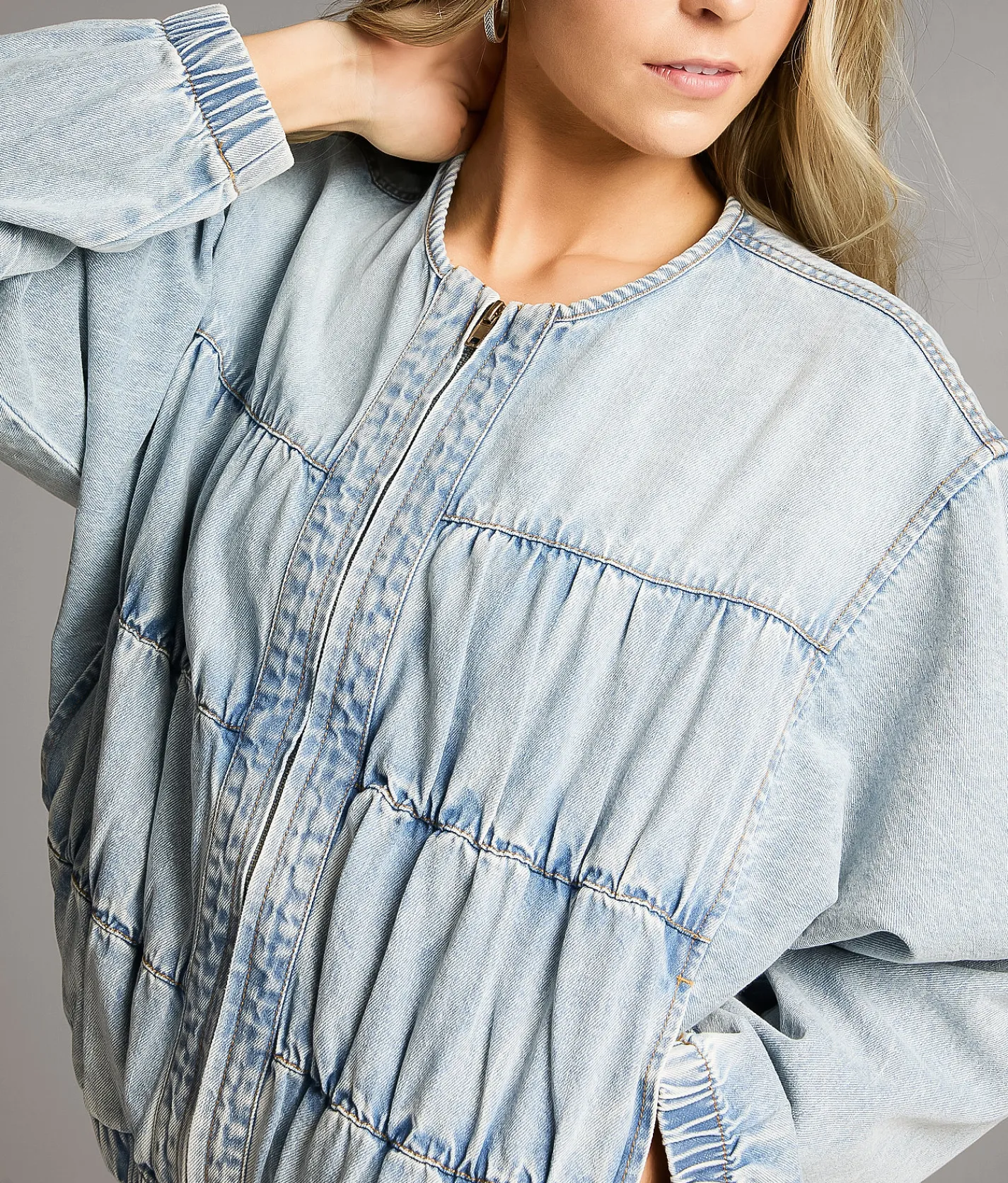 Tops | BKE Ruched Denim Bomber Jacket Light Wash