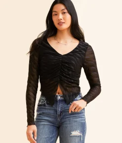 Willow & Root Ruched Mesh Cropped Top Black Discount