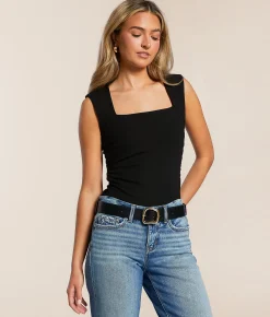 The Workshop Ruched Square Neck Tank Top Black