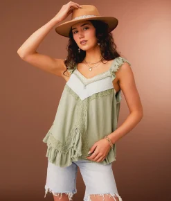 Tops | Gimmicks Ruffled Eyelet Trim Tank Top Sage Green