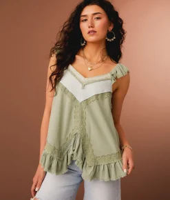 Tops | Gimmicks Ruffled Eyelet Trim Tank Top Sage Green