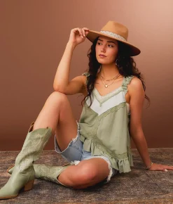 Tops | Gimmicks Ruffled Eyelet Trim Tank Top Sage Green