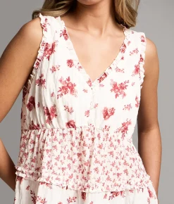 Tops | BKE Ruffled Floral Henley Tank Top Dry Rose White