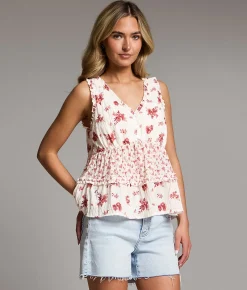 Tops | BKE Ruffled Floral Henley Tank Top Dry Rose White