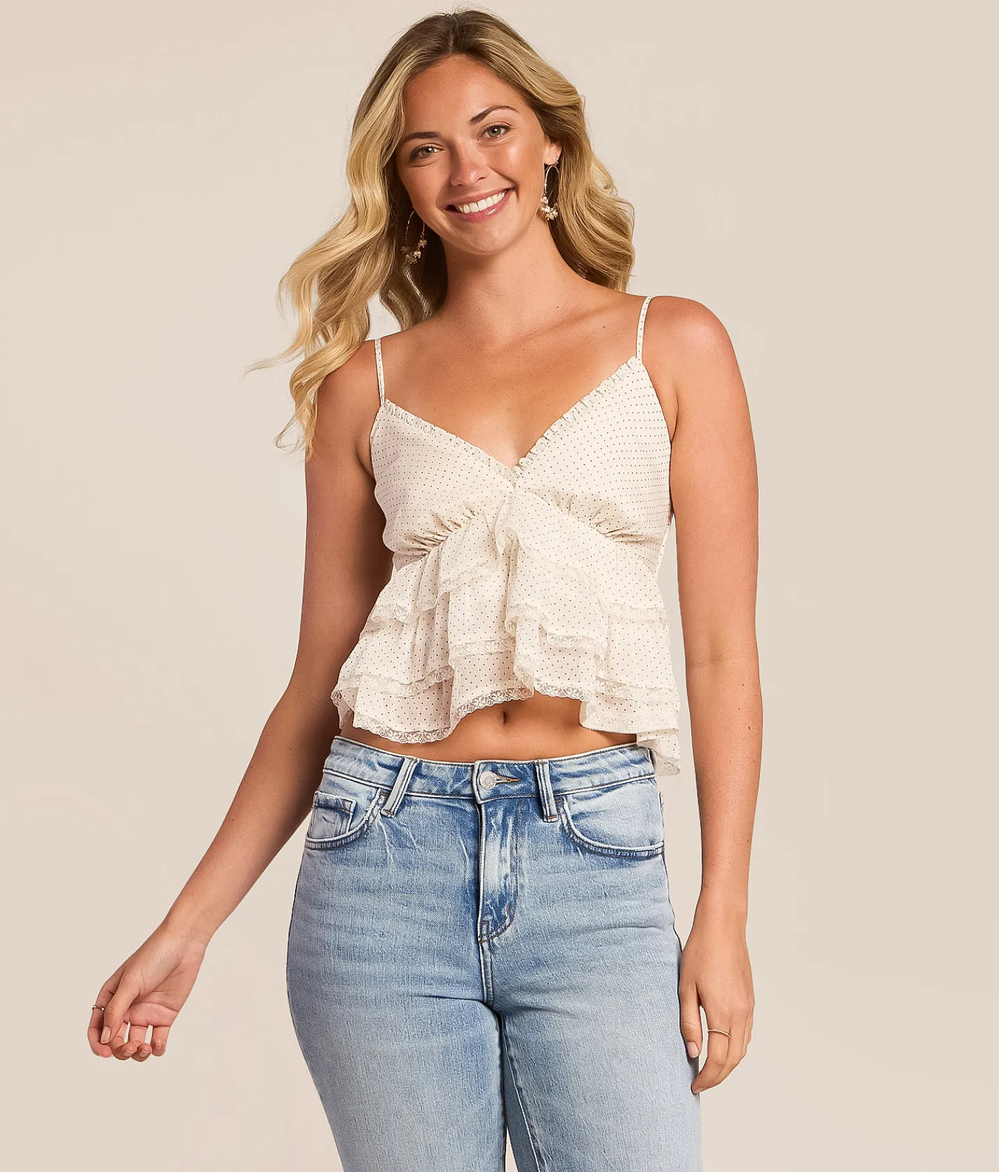 Tops | Willow & Root Ruffle Dot Peplum Tank Top White