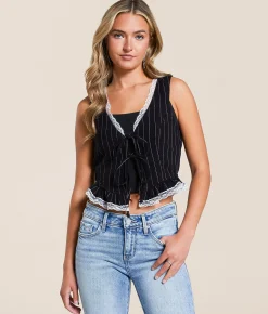 Honey & Sparkle Ruffle Front Tie Cropped Tank Top Black White New