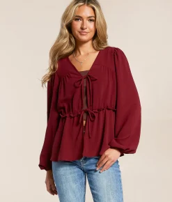 Tops | Daytrip Ruffle Front Tie Top Burgundy