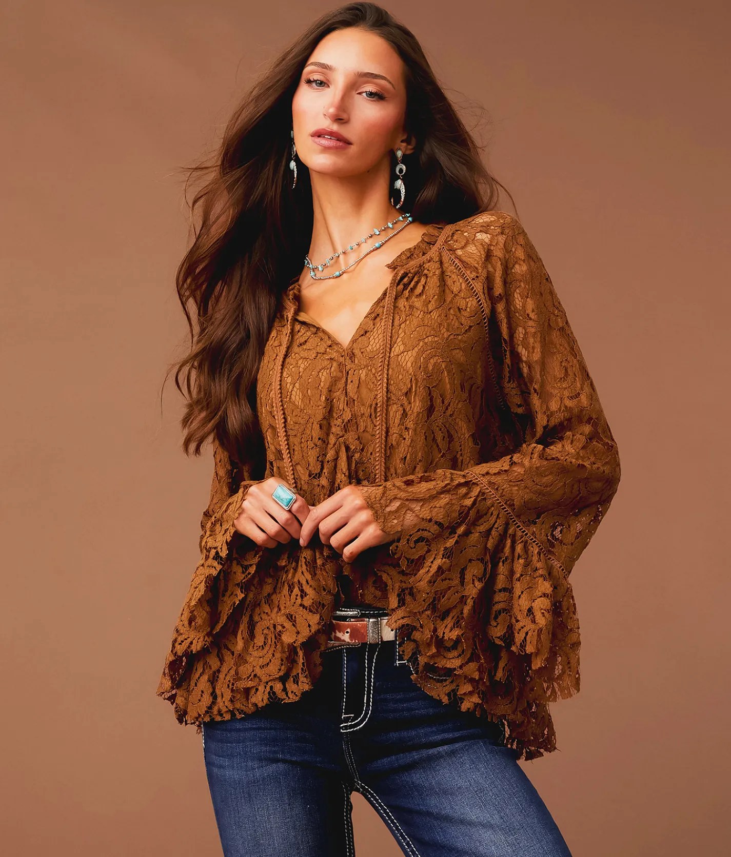 Tops | Sterling & Stitch Ruffle Lace Top Brown