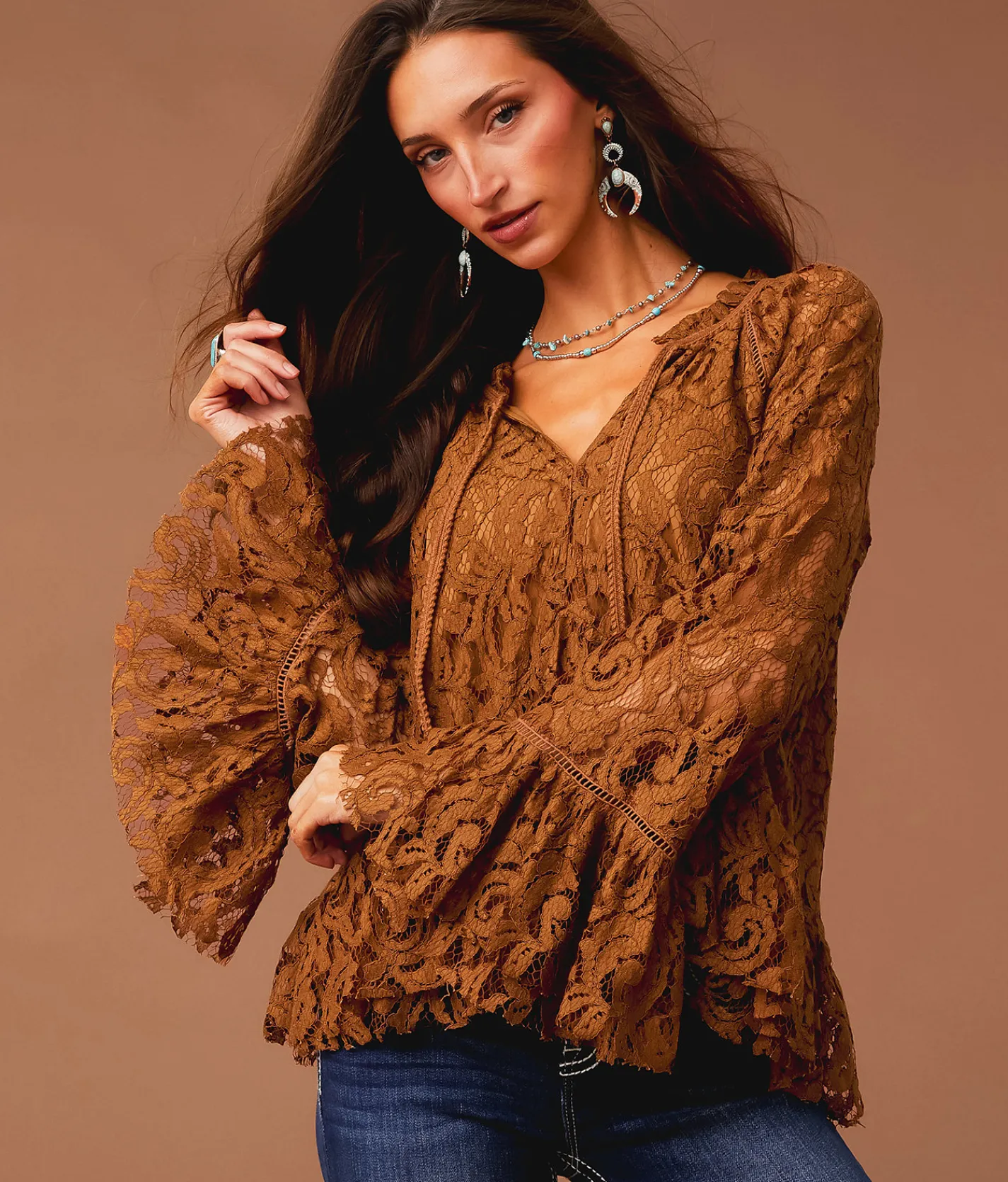 Tops | Sterling & Stitch Ruffle Lace Top Brown