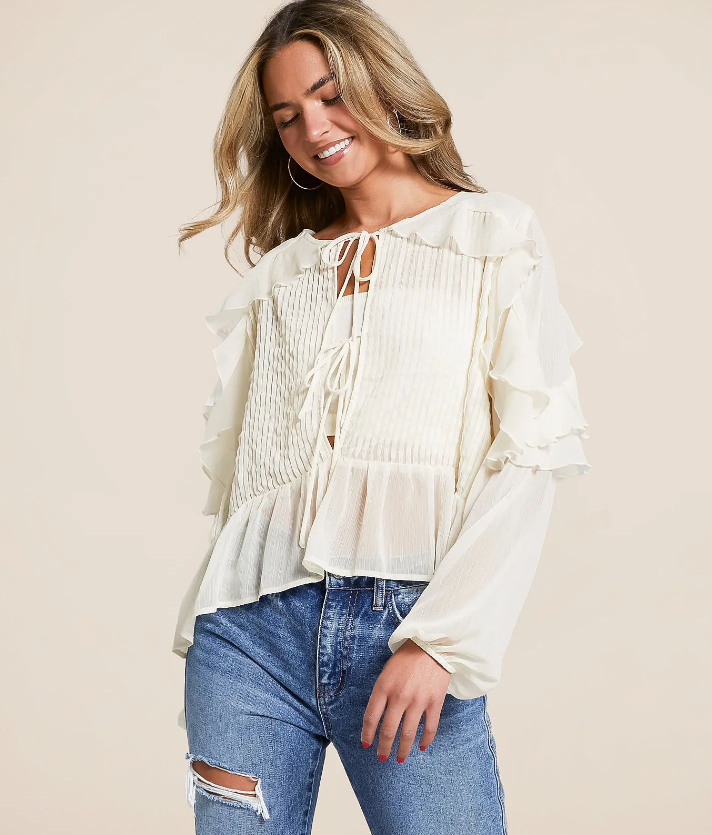 Willow & Root Ruffle Pleated Top Cream Discount