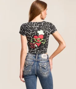 Ed Hardy Sacred Heart Baby Cropped T-Shirt B W Leopard Sale