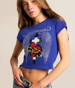 Ed Hardy Sacred Heart Wings Cropped Baby T-Shirt Cobalt New