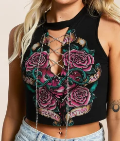 Affliction Sacred Sermon Lace-Up Cropped Tank Top Black Beauty