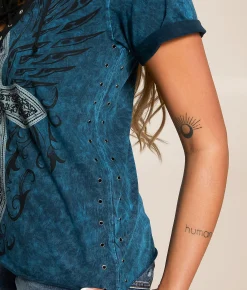 Tops | Affliction Sapphire Lake Lace-Up T-Shirt Ride Free Wash
