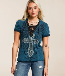 Tops | Affliction Sapphire Lake Lace-Up T-Shirt Ride Free Wash