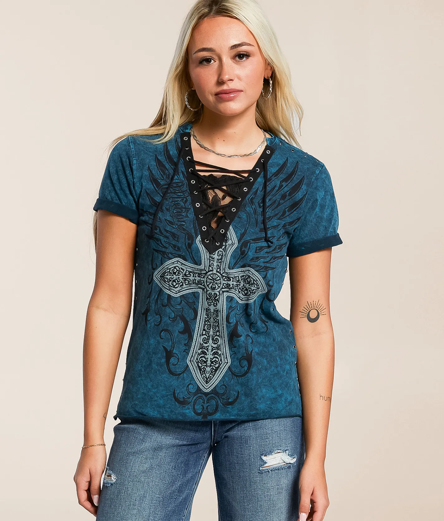Tops | Affliction Sapphire Lake Lace-Up T-Shirt Ride Free Wash
