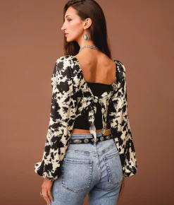 Tops | Sterling & Stitch Satin Cow Print Hanky Top Cream Black