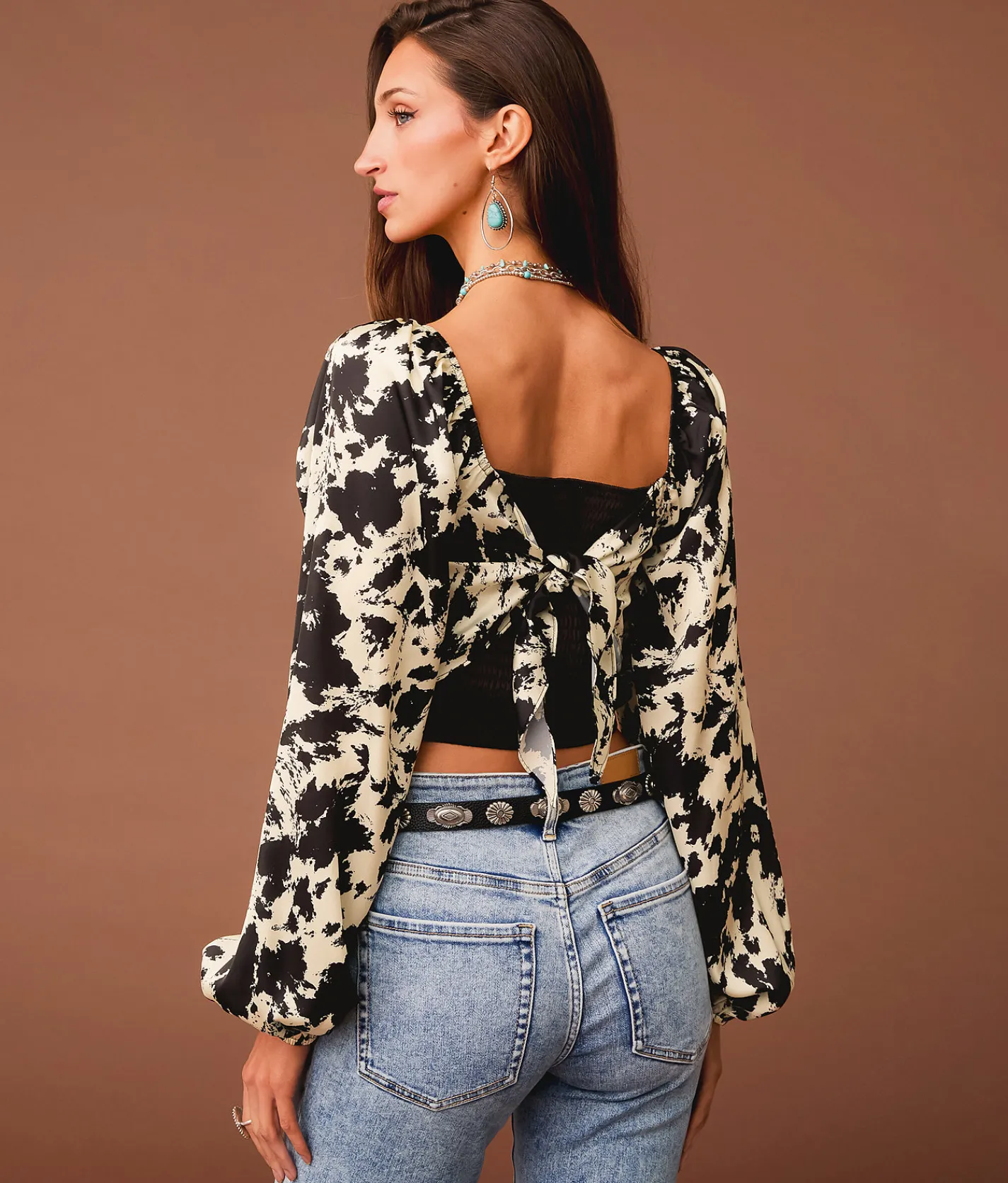 Tops | Sterling & Stitch Satin Cow Print Hanky Top Cream Black