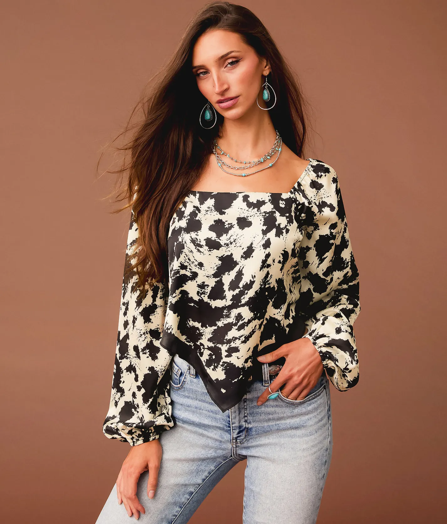 Tops | Sterling & Stitch Satin Cow Print Hanky Top Cream Black