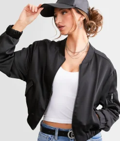 Stoosh Satin Cropped Bomber Jacket Champagne Clearance