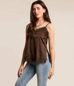 Tops | Willow & Root Satin Eyelash Lace Tank Top French Roast