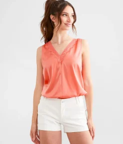 Hyfve Satin Eyelash Lace Tank Top Dark Coral Best
