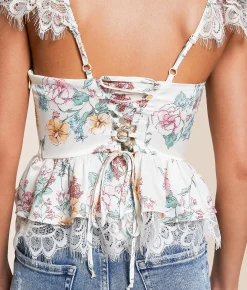 Tops | Willow & Root Satin Floral Peplum Cropped Tank Top Butter Cream Rose