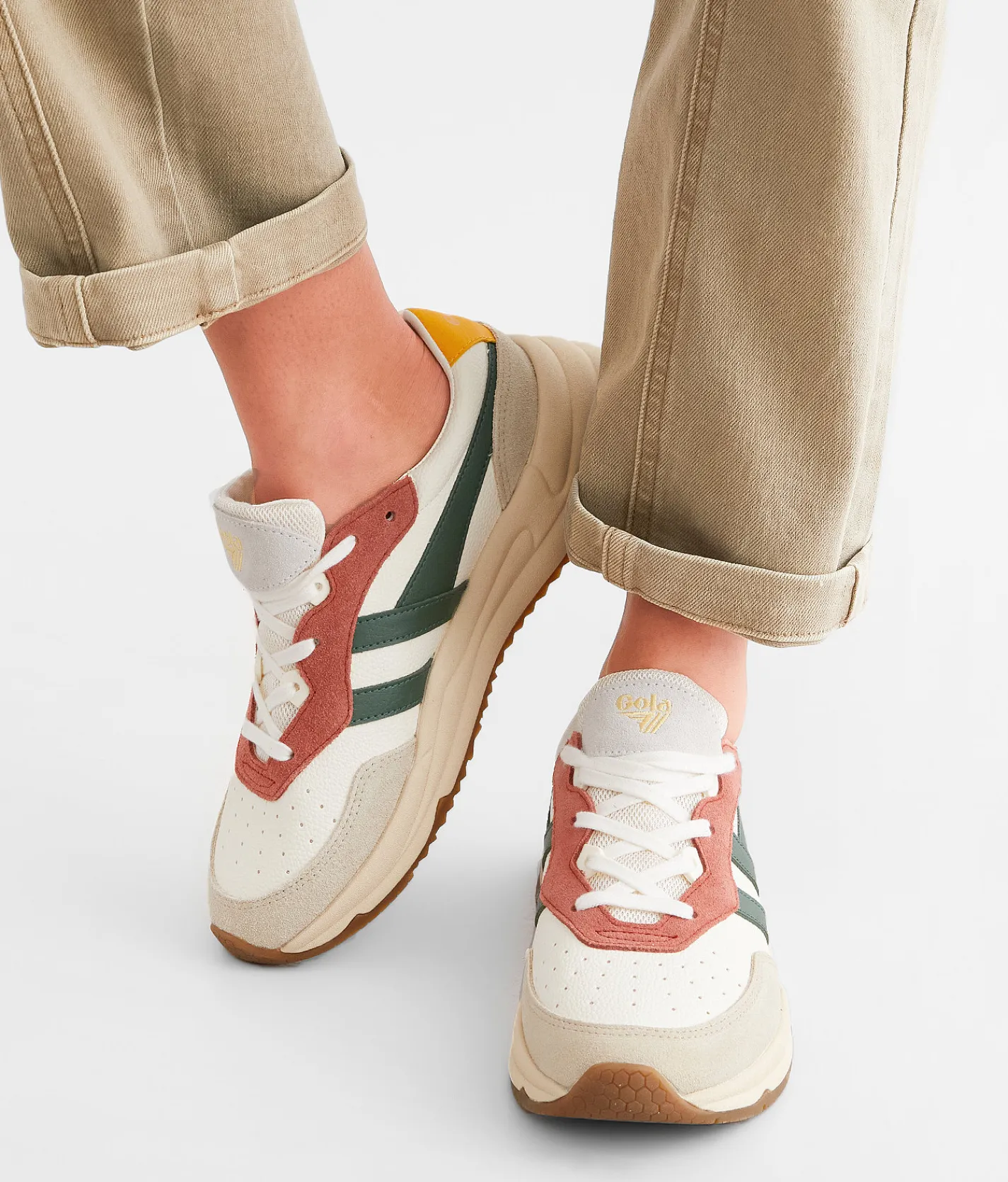 Gola® Saturn Quadrant Leather Sneaker White Wheat Evergreen Hot
