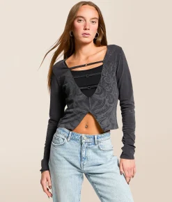 Tops | Affliction Scale Cut-Out Cropped Top Black Lava Wash