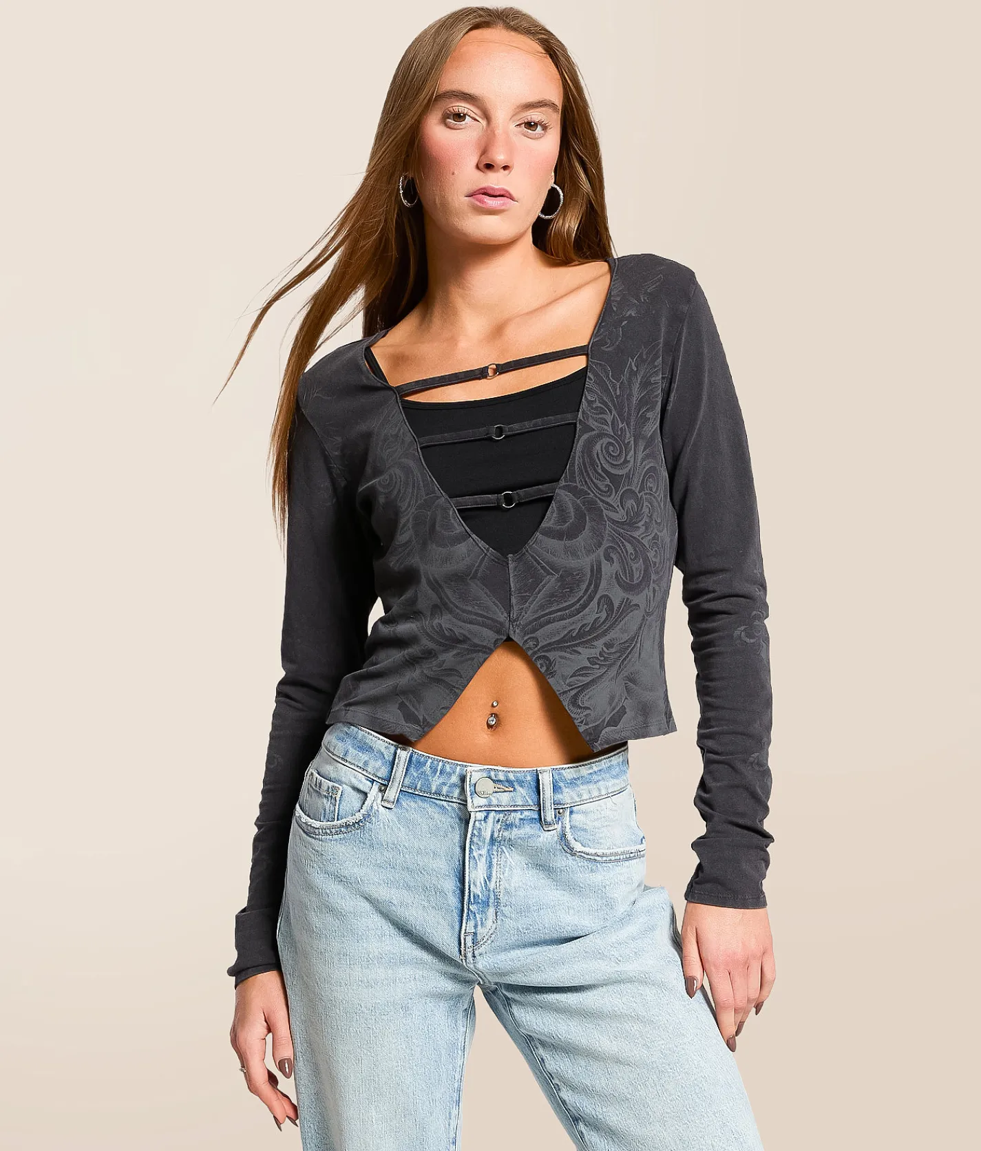 Tops | Affliction Scale Cut-Out Cropped Top Black Lava Wash