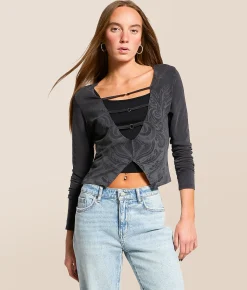 Tops | Affliction Scale Cut-Out Cropped Top Black Lava Wash