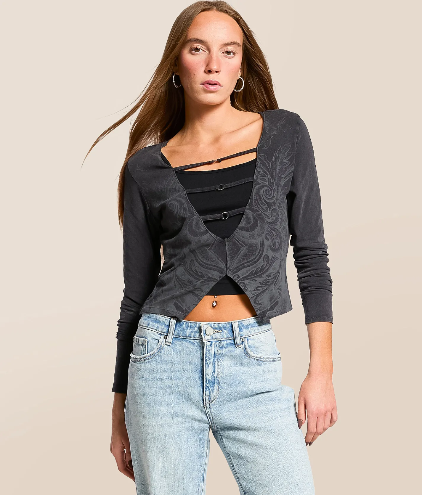 Tops | Affliction Scale Cut-Out Cropped Top Black Lava Wash
