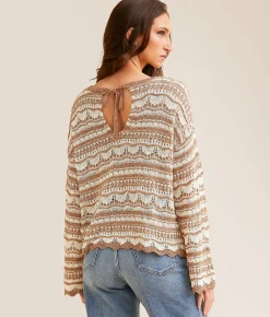 Daytrip Scallop Striped Sweater Cream Brown Hot