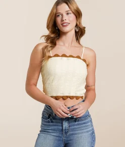 Tops | Willow & Root Scallop Trim Cropped Tank Top Cream Brown