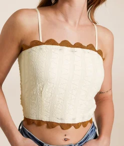 Tops | Willow & Root Scallop Trim Cropped Tank Top Cream Brown