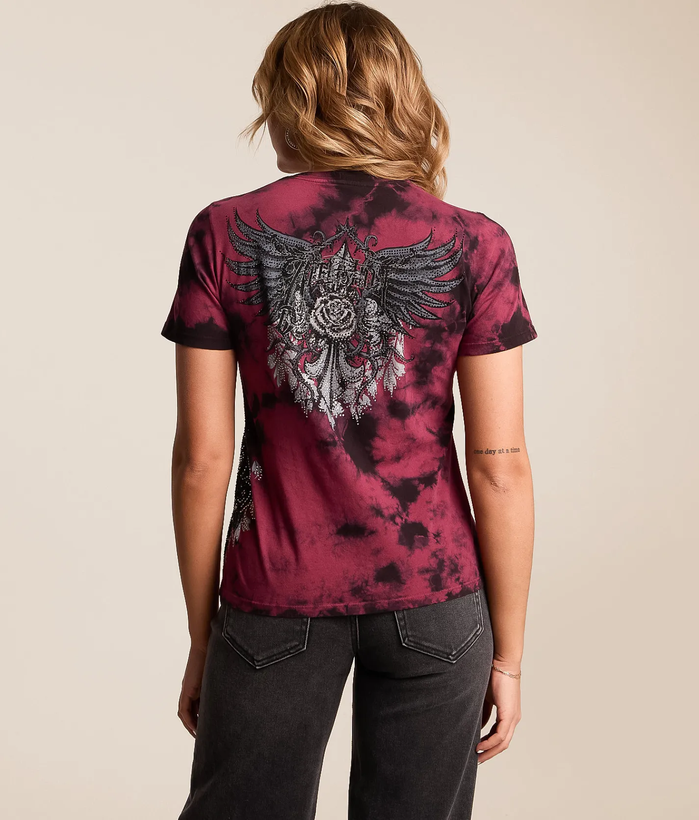 Tops | Affliction Seductive Rhinestone Lace-Up T-Shirt Mahogany Black Crystal Wa