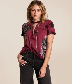 Tops | Affliction Seductive Rhinestone Lace-Up T-Shirt Mahogany Black Crystal Wa
