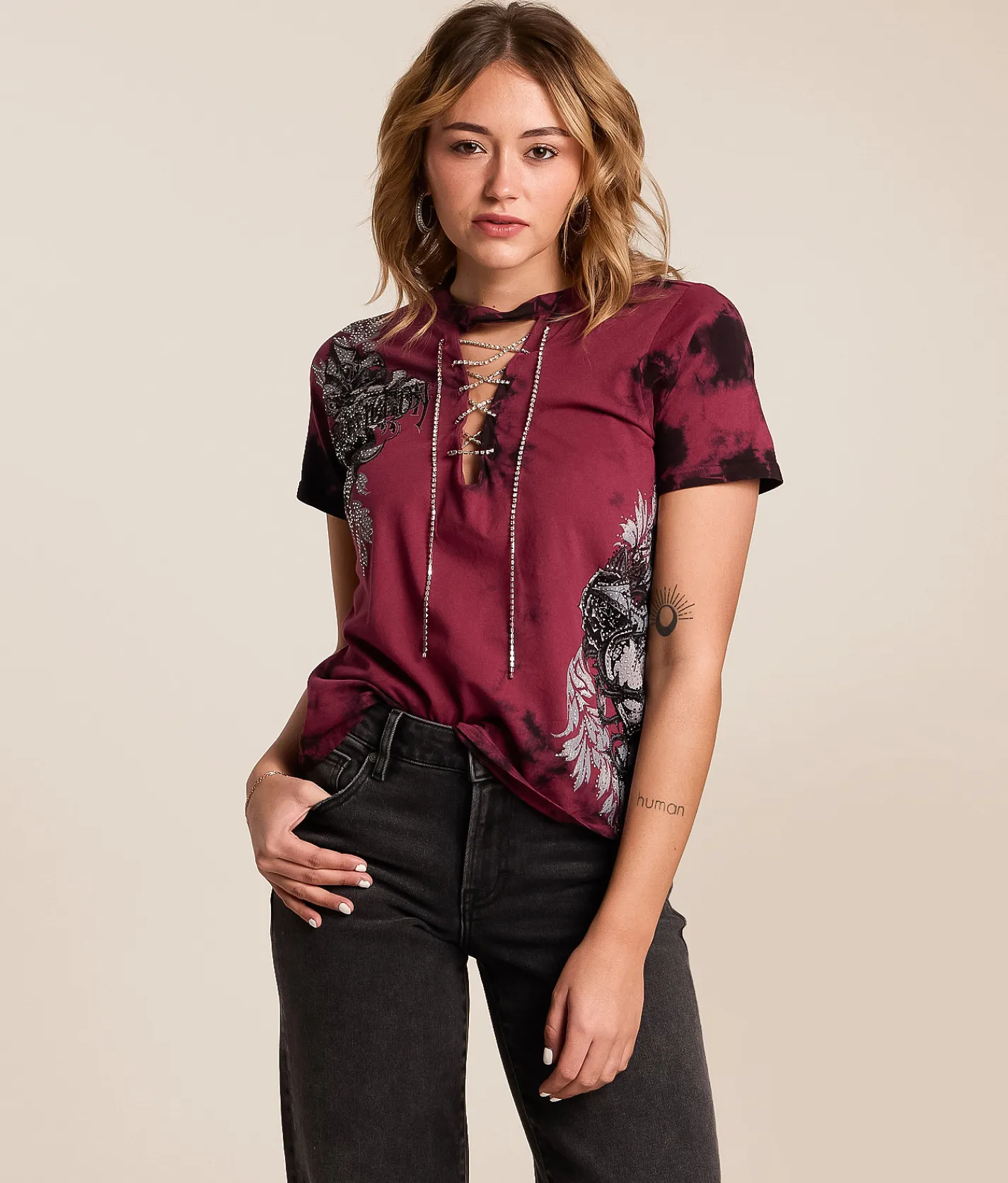 Tops | Affliction Seductive Rhinestone Lace-Up T-Shirt Mahogany Black Crystal Wa