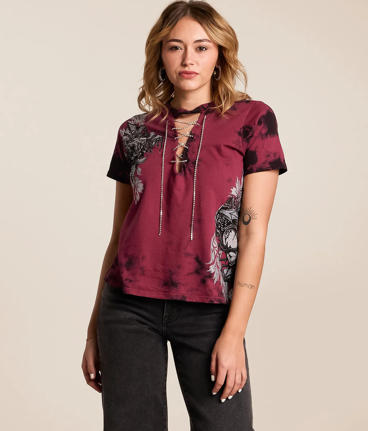 Tops | Affliction Seductive Rhinestone Lace-Up T-Shirt Mahogany Black Crystal Wa