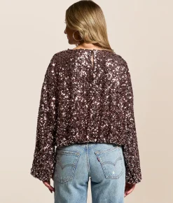 Tops | En Creme Sequin Dolman Cropped Top Black Silver