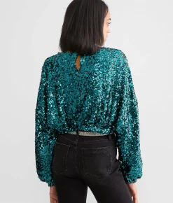 Tops | En Creme Sequin Dolman Top Aqua